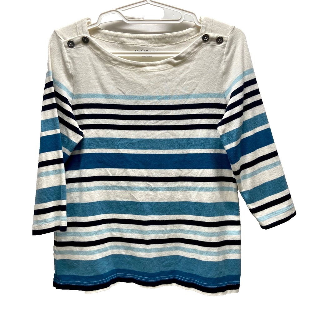 Croft & Barrow Knit Top Women's Large Blue Teal Stripe 3/4 Sleeve Cotton Blend